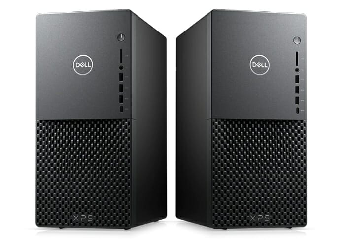 Two Dell desktop PCs are shown on a white background in a home setting.
