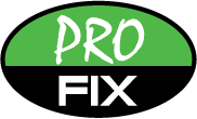 A logo with the word "PRO" in white, handwritten font on a green semicircle above the word "FIX" in bold, white letters on a black background.